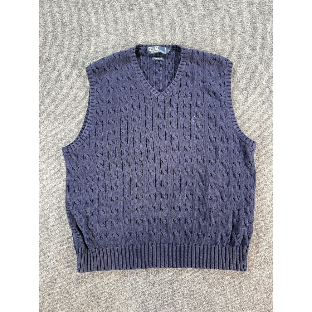 Vintage Polo By Ralph Lauren Sweater Vest Mens XL Navy‎ Cable Knit Cotton V Neck